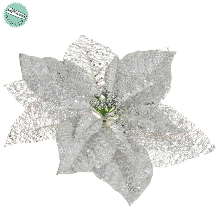 10.5" Glittered Sheer Poinsettia With Clip Silver (Pack Of 24) XPH600-SI By Silk Flower