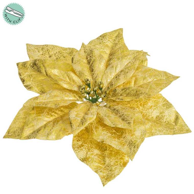 10.5" Metallic Crackle-Finished Poinsettia With Clip Gold (Pack Of 24) XPH605-GO By Silk Flower