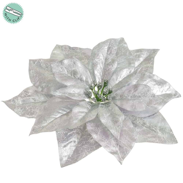 10.5" Metallic Crackle-Finished Poinsettia With Clip Silver (Pack Of 24) XPH605-SI By Silk Flower