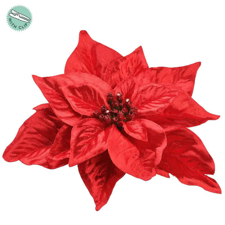 10.5" Velvet Poinsettia With Clip Red (Pack Of 12) XPH904-RE By Silk Flower