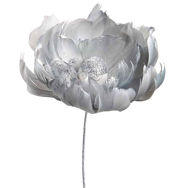 10.6" Feather Peony Pick Silver (Pack Of 4) XPK830-SI By Silk Flower