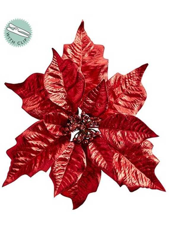9.5" Metallic Poinsettia With Clip Red (Pack Of 24) XPH533-RE By Silk Flower