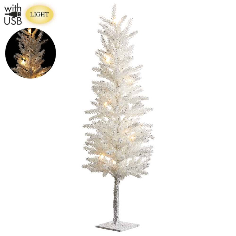 23" Glittered Pine Tree On Metal Stand With Light And Usb Cable White (Pack Of 4) XAT786-WH By Silk Flower