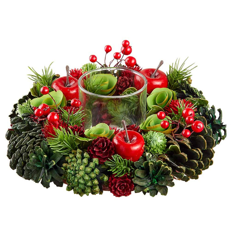 3"H X 9.8"D Pine Cone/Apple/ Berry Candleholder With Glass Green Red (Pack Of 6) XDC678-GR/RE By Silk Flower