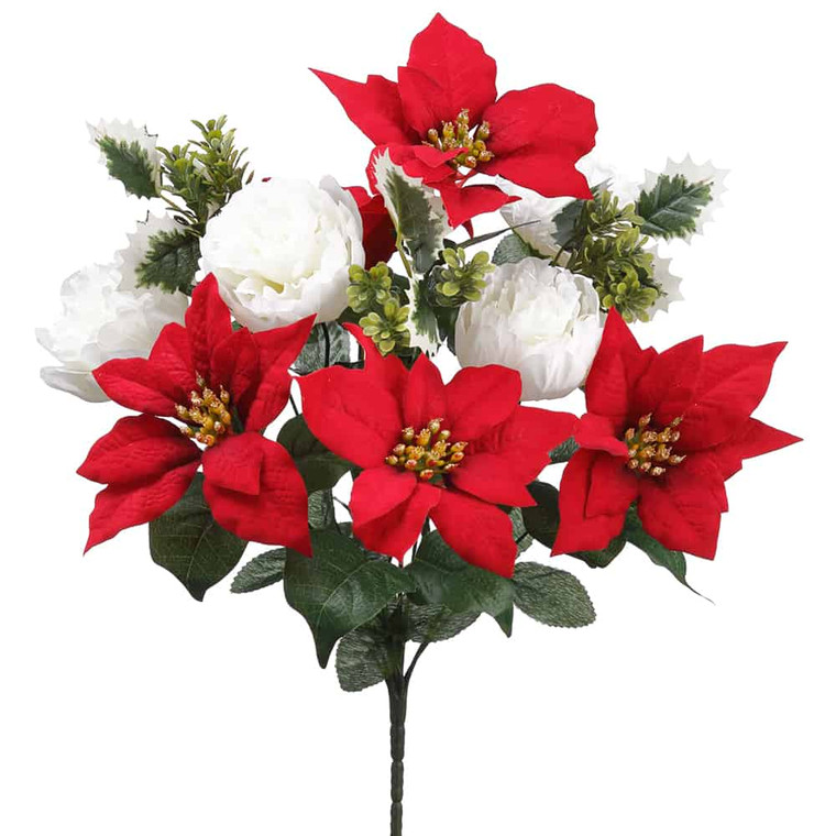 18" Velvet Poinsettia/Peony Bush X12 Red White (Pack Of 12) XFB607-RE/WH By Silk Flower