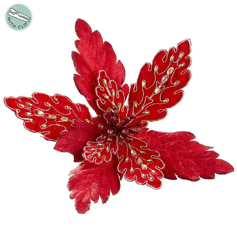 10" Glittered Rhinestone Poinsettia With Clip Red (Pack Of 12) XPH215-RE By Silk Flower