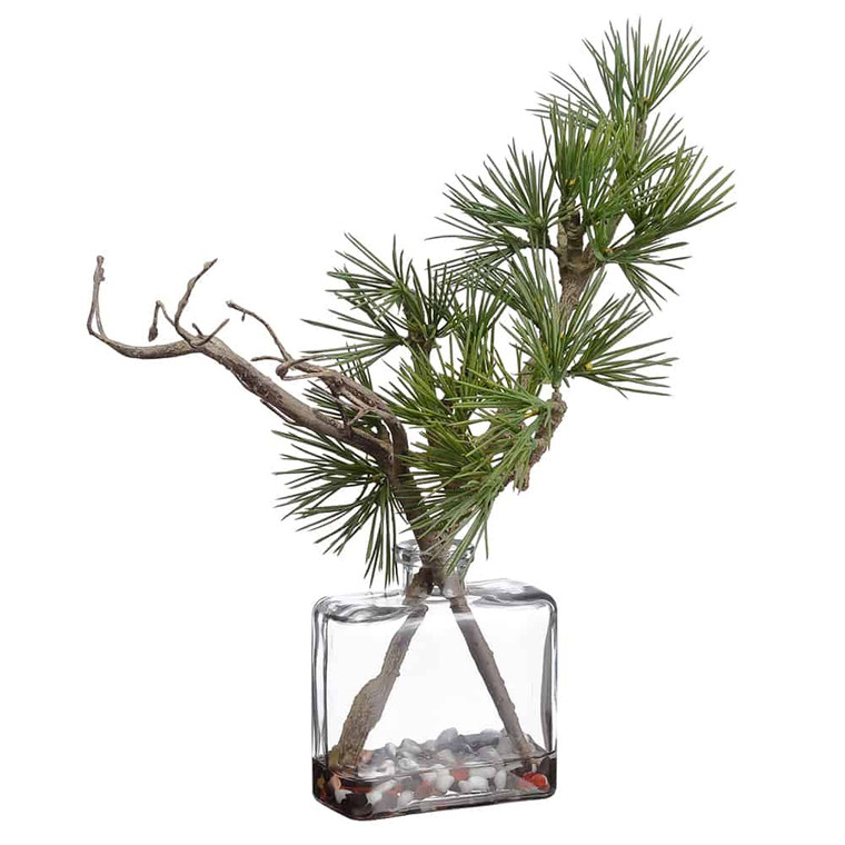 10" Needle Pine/Twig In Glass Vase Green (Pack Of 6) YTM043-GR By Silk Flower