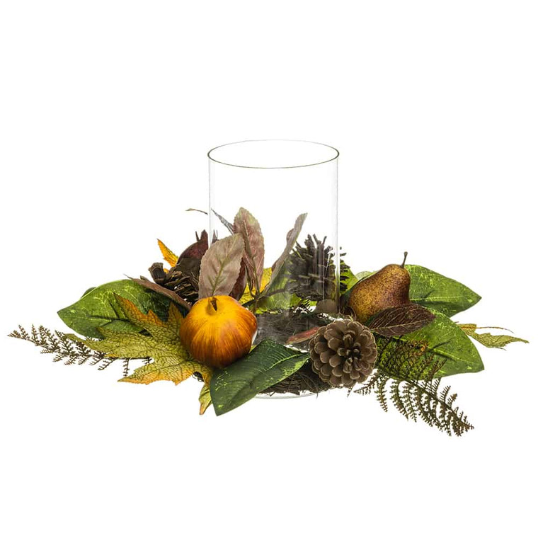 8.5"H X 14"D Pomegranate/Pear/ Pine Cone Centerpiece With Glass Candleholder Brown Green (Pack Of 4) VEP101-BR/GR By Silk Flower