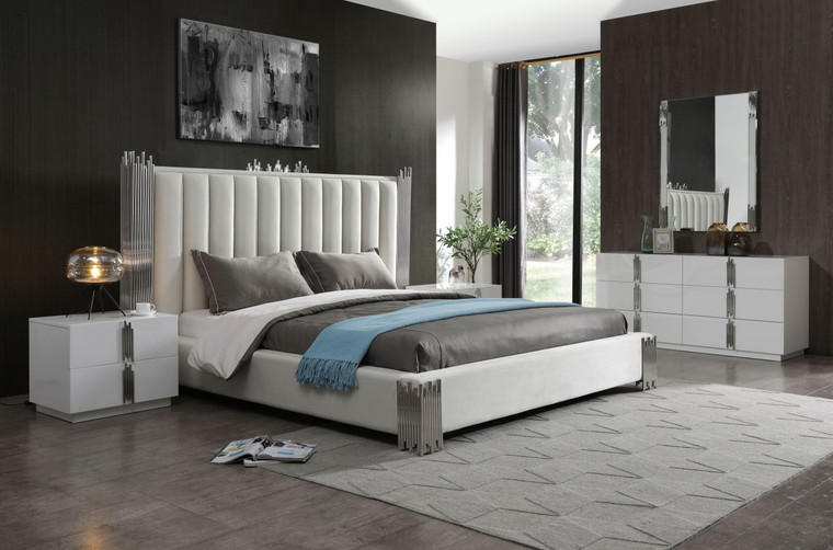 VIG Modrest Token - Modern White & Stainless Steel Bed - C. King VGVCBD815-WHT-BED