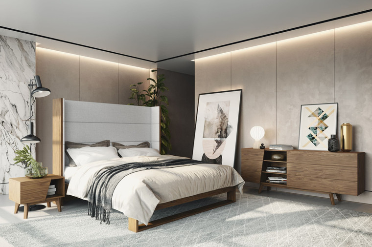 VIG Modrest Heloise - Contemporary Grey Fabric & Walnut Trim Bed VGBBMA1502-BED