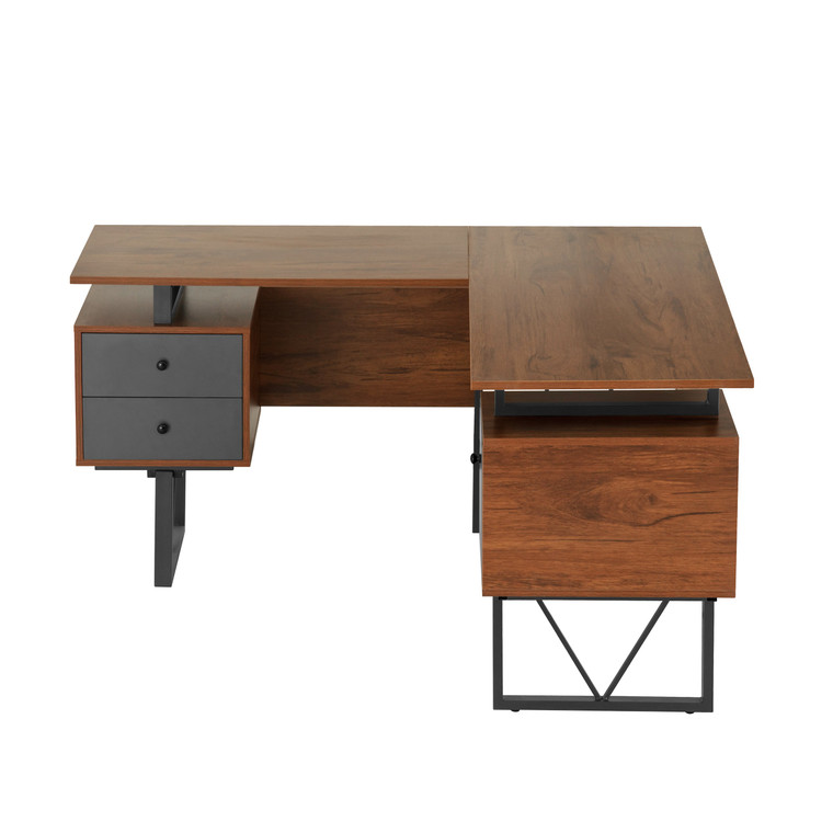 Techni Mobili Reversible L-Shape Computer Desk With Drawers And File Cabinet, Walnut RTA-4809DL-WAL