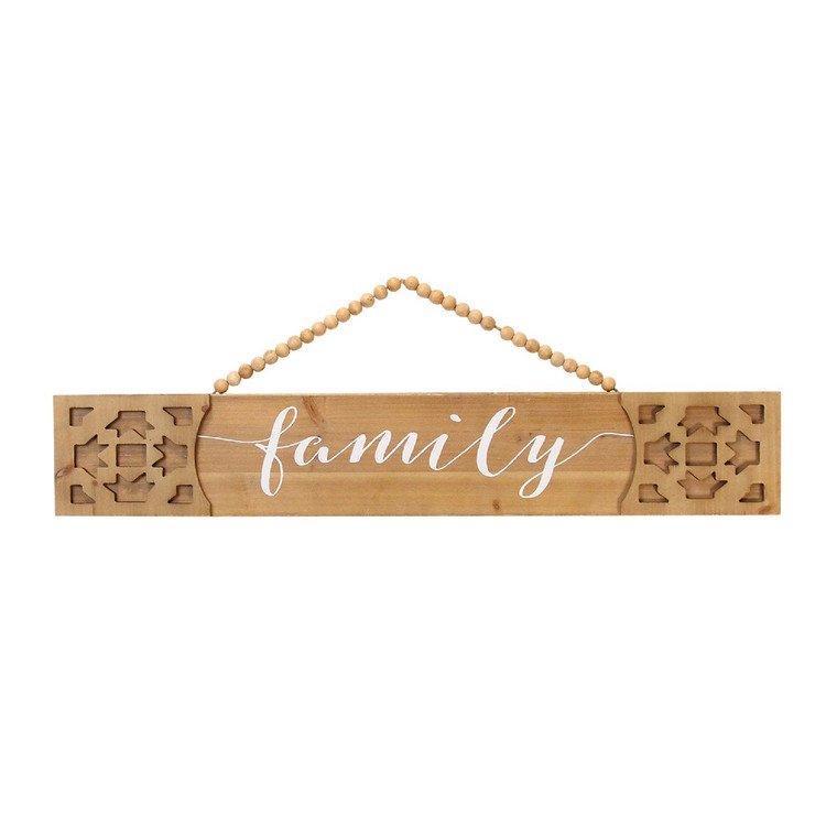 Homeroots White "Family" Wood Wall Decor W/ Hanging Beads 373151
