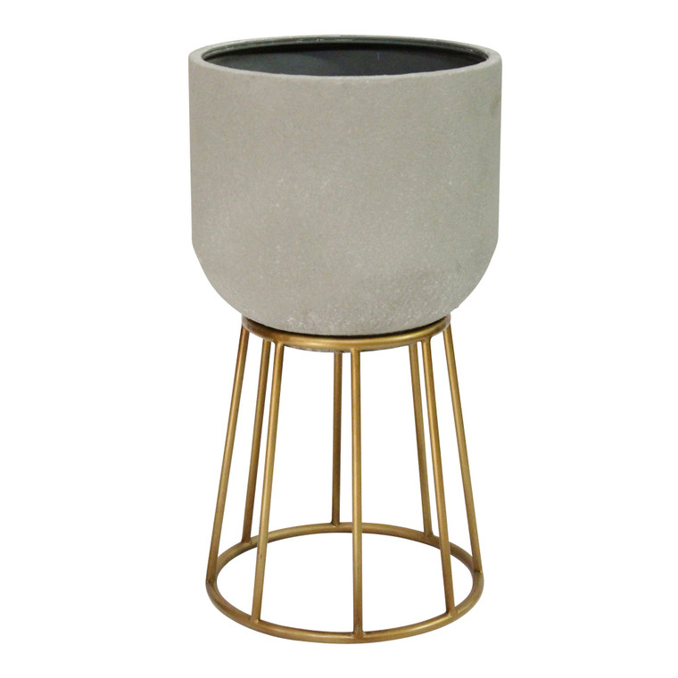 Homeroots Faux Cement And Golden Metal Decorative Plant Stand 373237