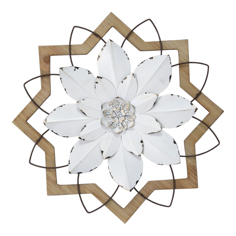 Homeroots Metal White Flower & Wood Frame Wall Art 373395