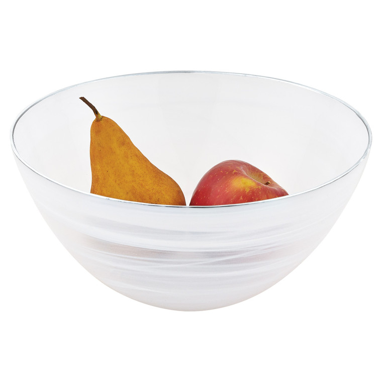 Homeroots 10" Hand Crafted White Silver Glass Fruit Or Salad Bowl With Silver Rim 375868
