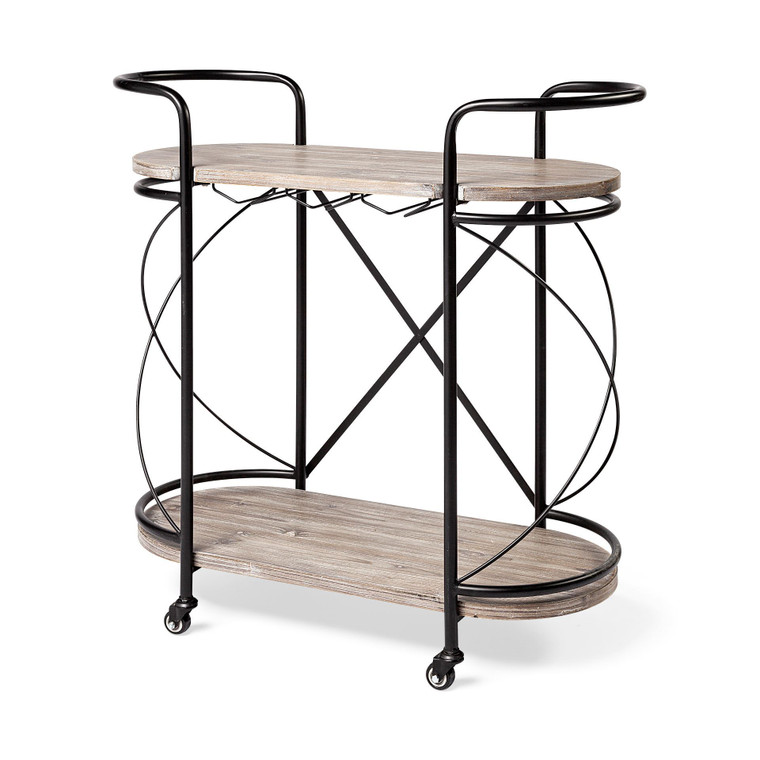 Homeroots Cyclider Black Metal With Two Wooden Shelves Bar Cart 376019