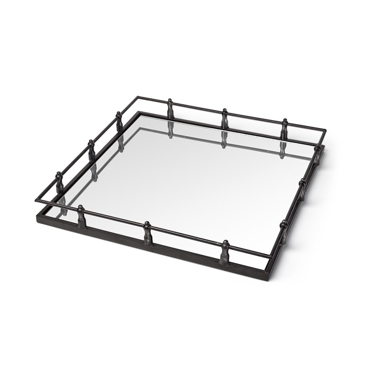 Homeroots Natural Finish Metal With Mirrored Glass Bottom And Railing Handle Tray 376036