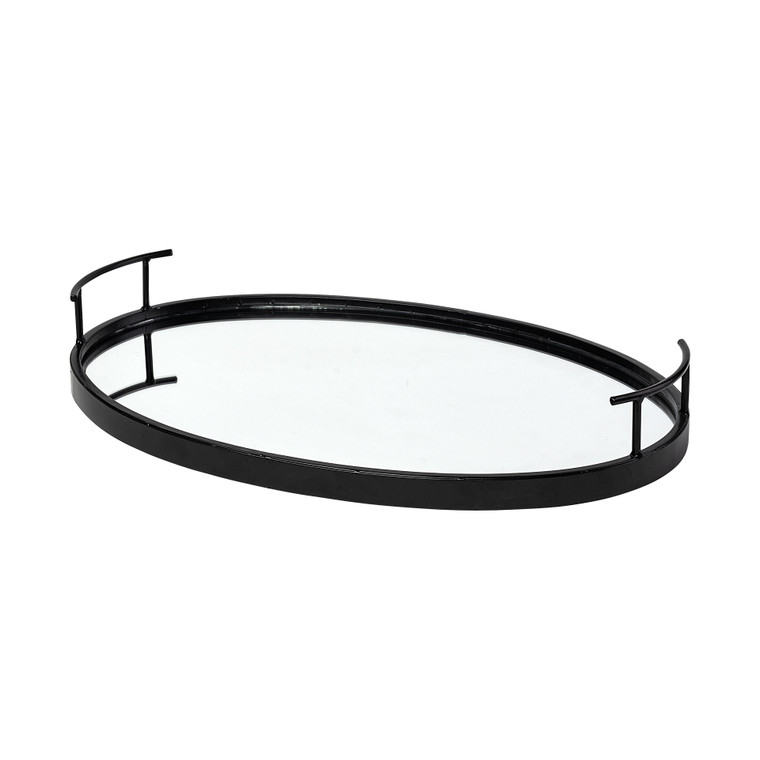 Homeroots Matte Black Metal With Two Handle Both Sides And Mirrored Glass Bottom Tray 376055