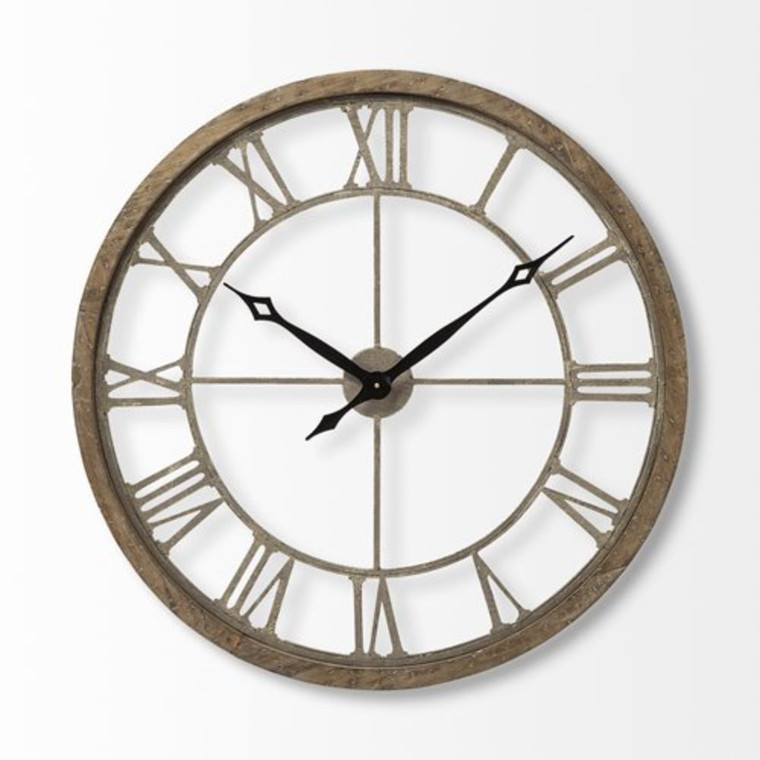 Homeroots 31.5" Round Oversize Brown Farmhouse Style Wall Clock W/ Matte-Black Toned Hands 376252