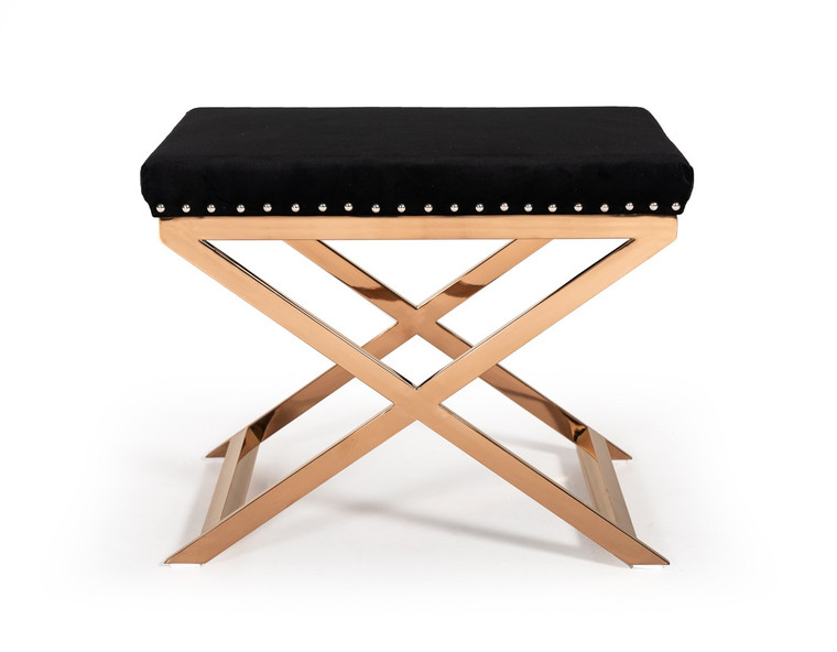 Homeroots Modern Black Velvet With Nailhead Trim And Rose Gold Stool 376315