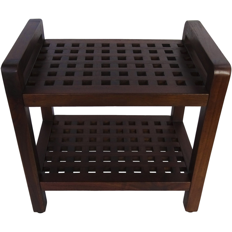 Homeroots Teak Lattice Pattern Shower Stool With Shelf And Handles In Brown Finish 376665