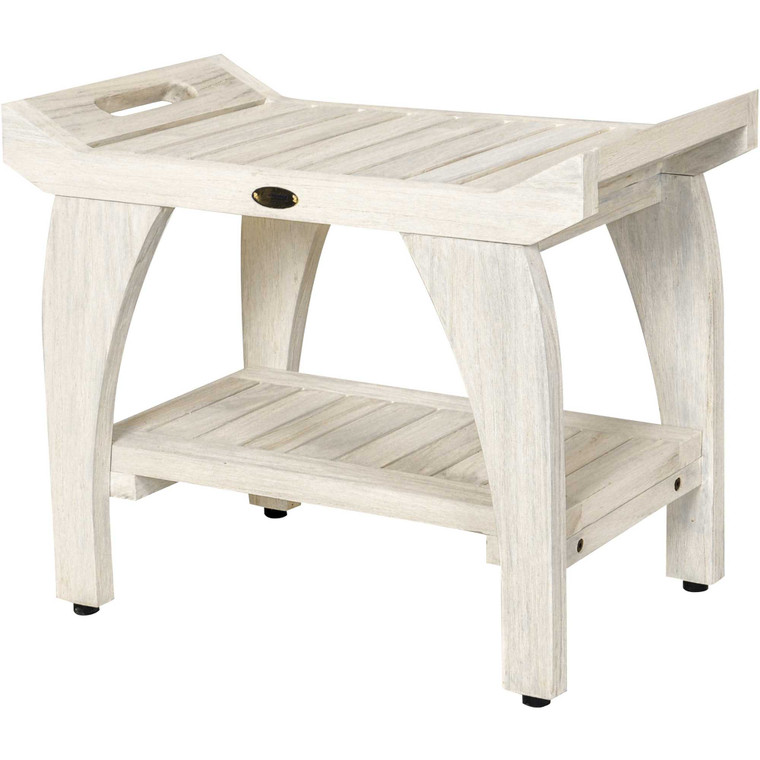 Homeroots Compact Teak Shower Stool With Shelf And Handles In White Finish 376704