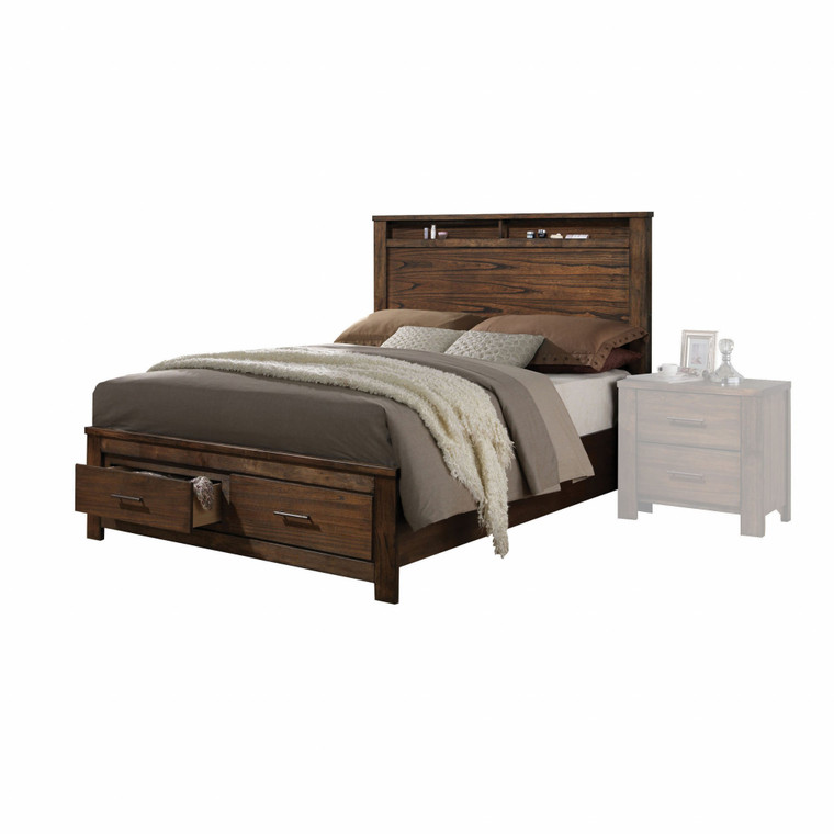 Homeroots Oak Finish Queen Bed With Storage Headboard And Footboard 376956