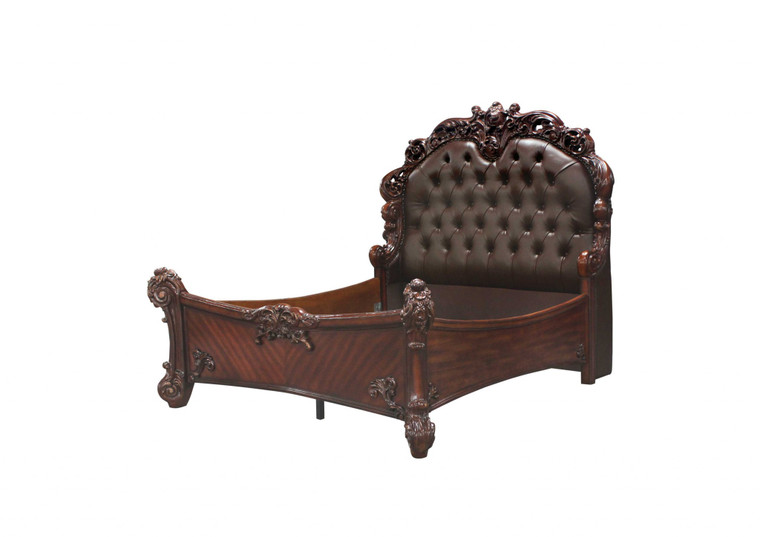 Homeroots Queen Size Elaborately Carved Cherry Wood Finish Bed With Tufted Dark Faux Leather Headboard 376957