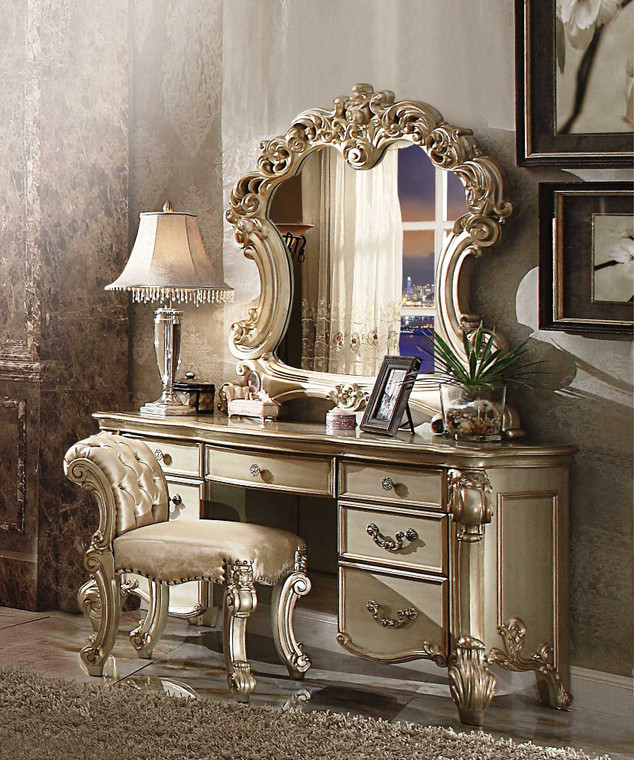 Homeroots Elaborate Carved Gold Patina Finish Desk Vanity Dressing Table With 7 Drawers 376993
