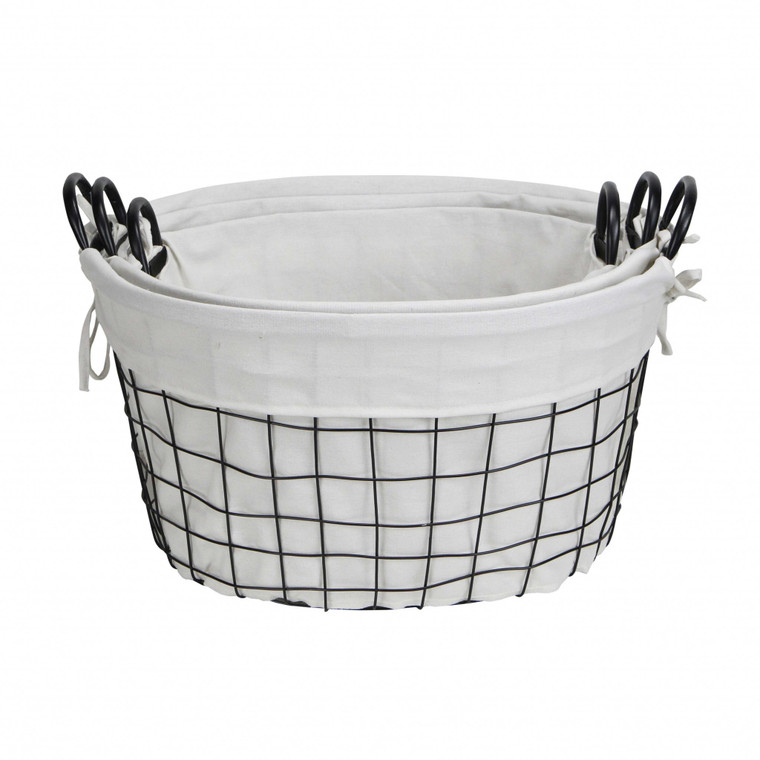 Homeroots Set Of 3 - Oval White Lined And Metal Wire Baskets With Handles 379831