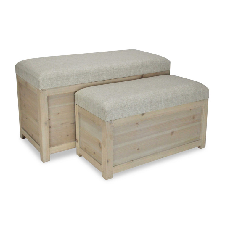Homeroots Set Of 2 - Rectangular White Linen Fabric And Wood Storage Benches 379849