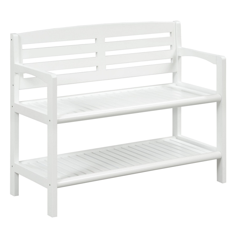 Homeroots Rectangular Wood Bench With Back And Shelf In Antique White 380022