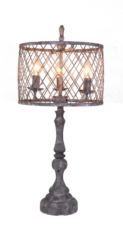 Homeroots Distressed Grey Traditional Table Lamp With Mesh Metal Shade And Chandelier Sockets 380115