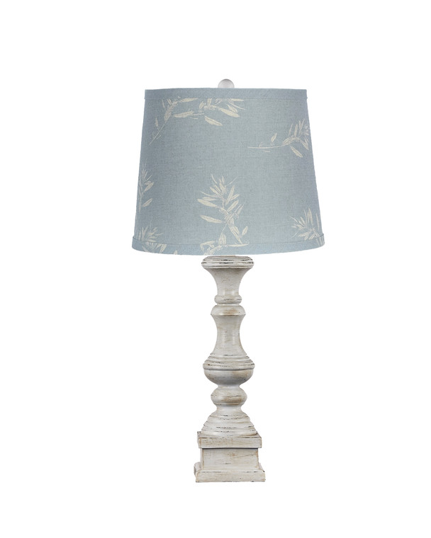 Homeroots Distressed White Table Lamp With Patterned Blue Linen Shade 380162