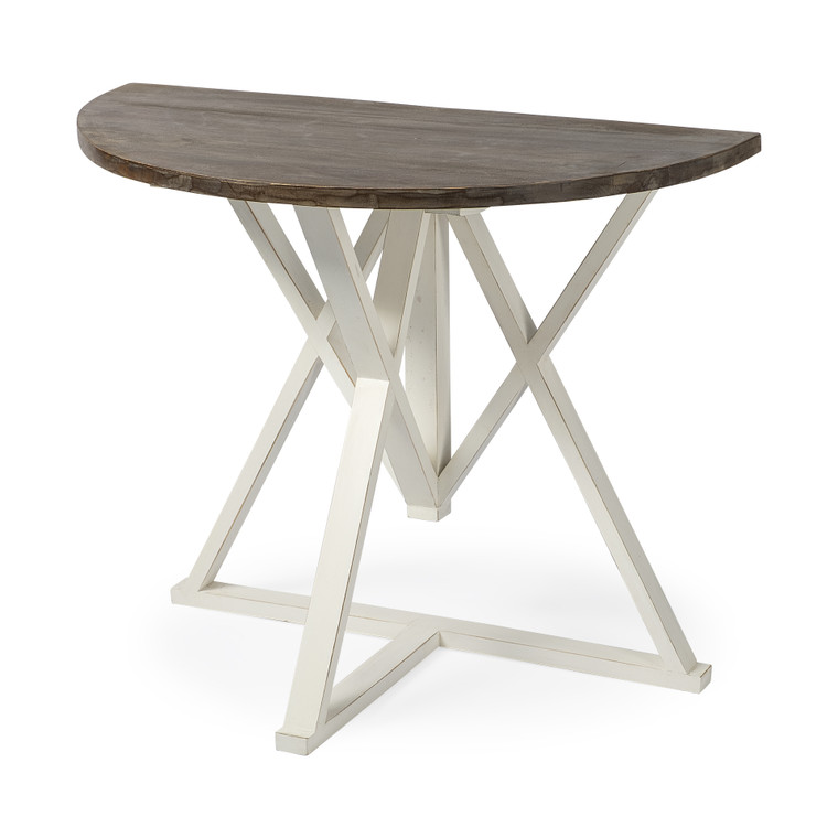 Homeroots Half Moon Shaped Mango Wood Finish Console Table With White Geometrically Base 380189