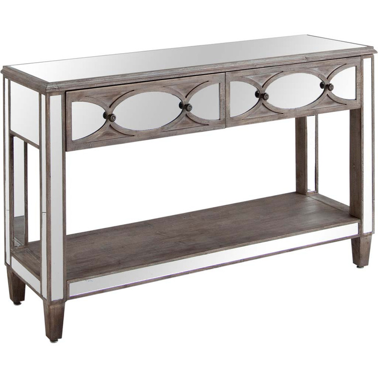 Homeroots Brown Mirrored Glass Console Table With Two Drawers And Fixed Shelf 380190