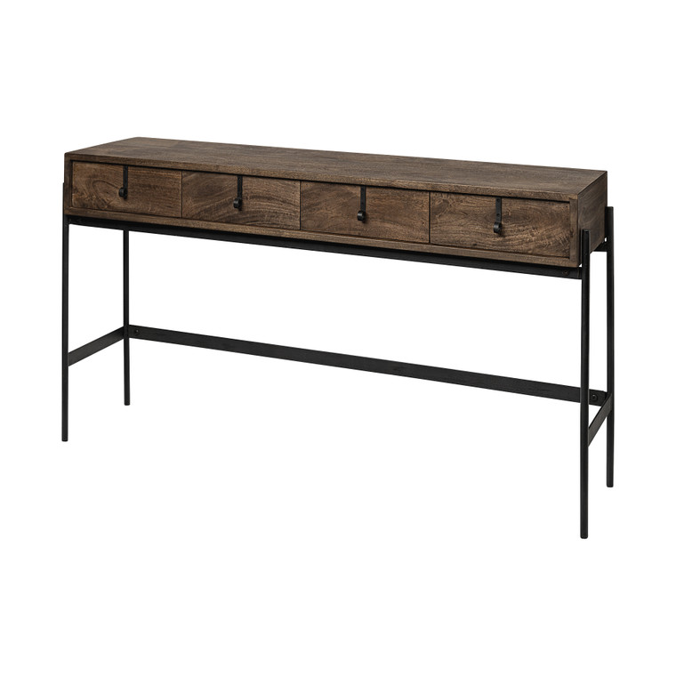 Homeroots Rectangular Mango Wood Finish Console Table With 4 Drawers 380193
