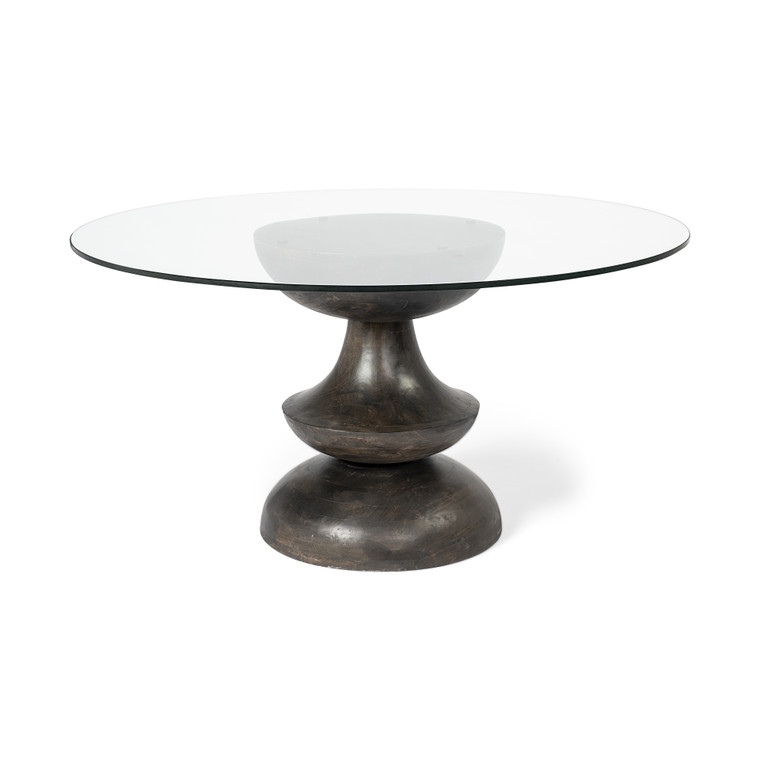 Homeroots 60" Round Glass Top Brown Wood With Pedestal Base Dining Table 380484
