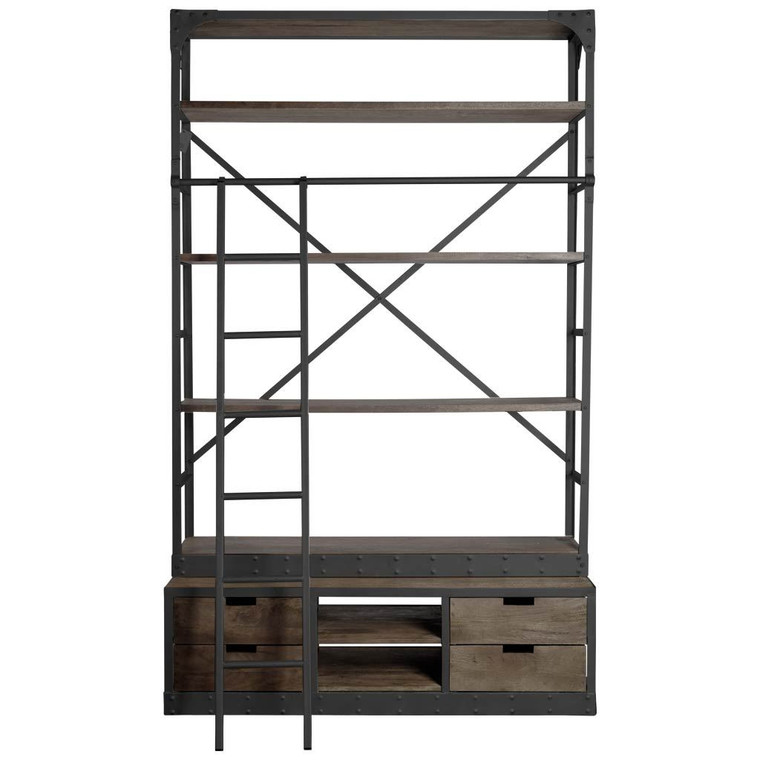 Homeroots Brown Wood Shelving Unit With Gun Metal Ladder And 4 Shelves 380589