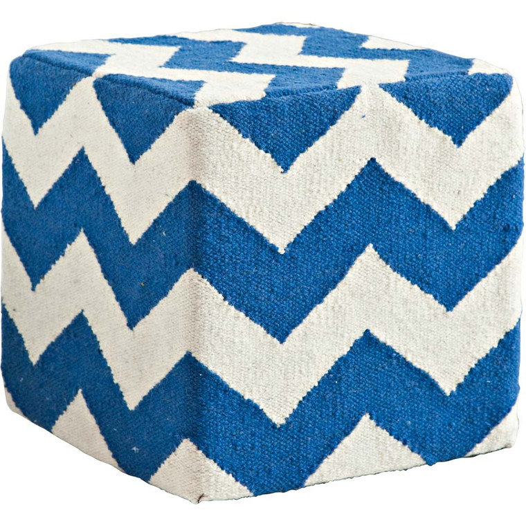 Homeroots Blue And White Wool Sqaure Pouf With Zig Zag Pattern 380600