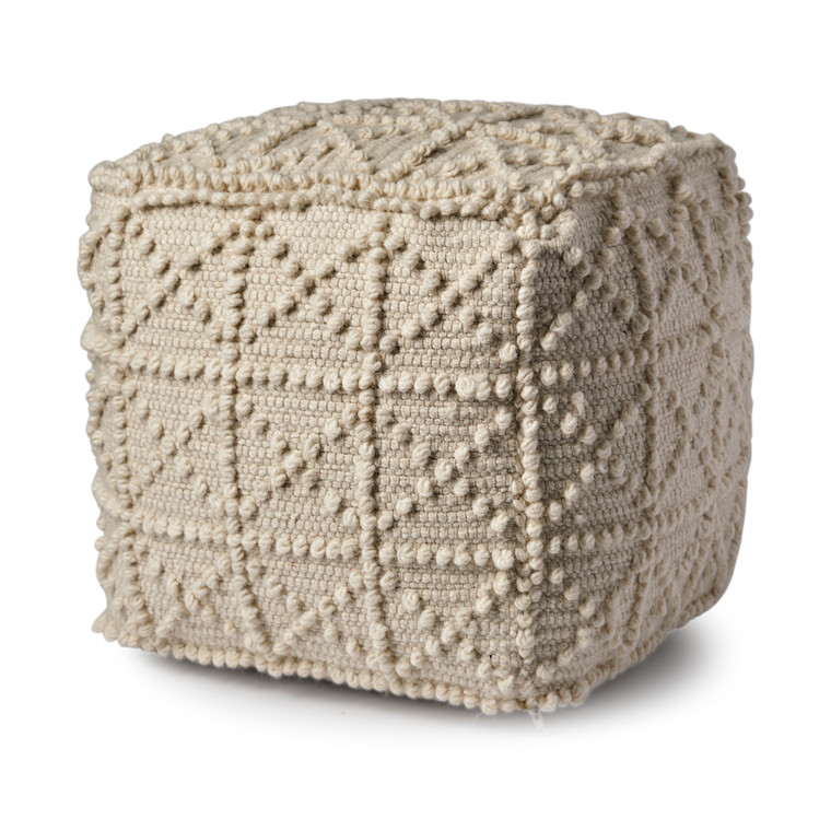 Homeroots Ivory Wool Sqaure Pouf With Popcorn Detail 380603