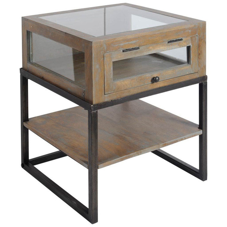 Homeroots Brown Wooden Square Top Side Table With Wood And Glass Top Display 380662