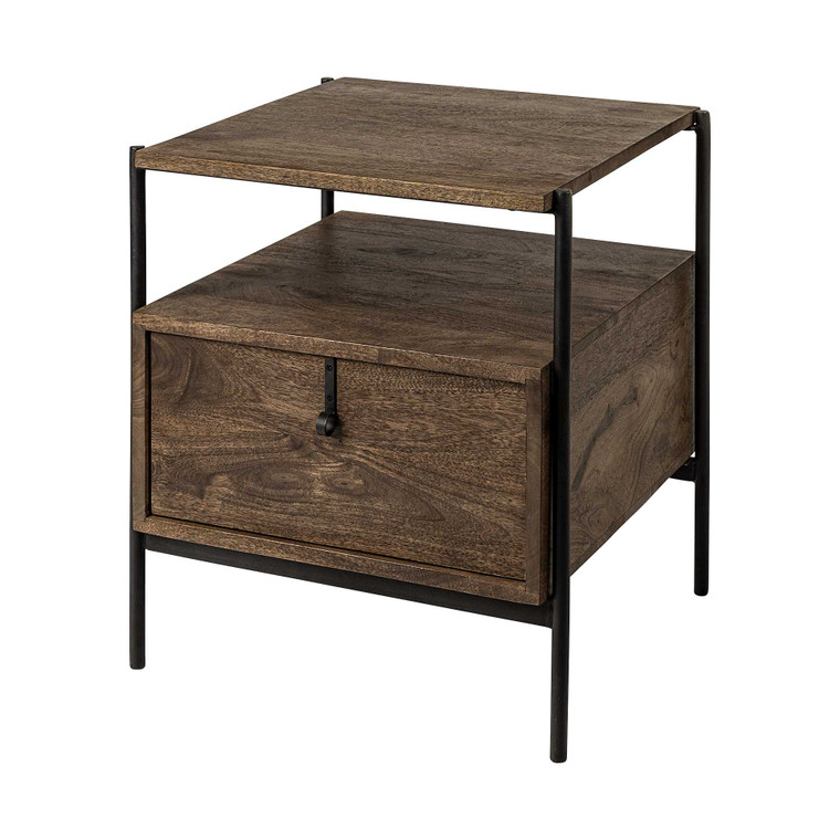 Homeroots Square Top End Table With Dark Brown Wood And Iron Black Frame 380675