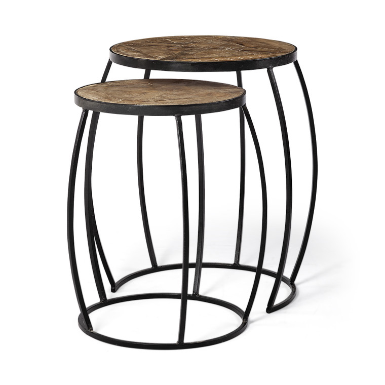 Homeroots Set Of 2 - Brown Wooden Round Top Accent Tables With Black Metal Frame Nesting 380680