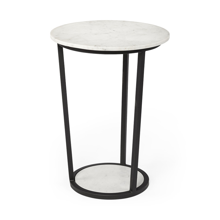 Homeroots 18" Round White Marble Top Accent Table With Black Metal Frame 380684