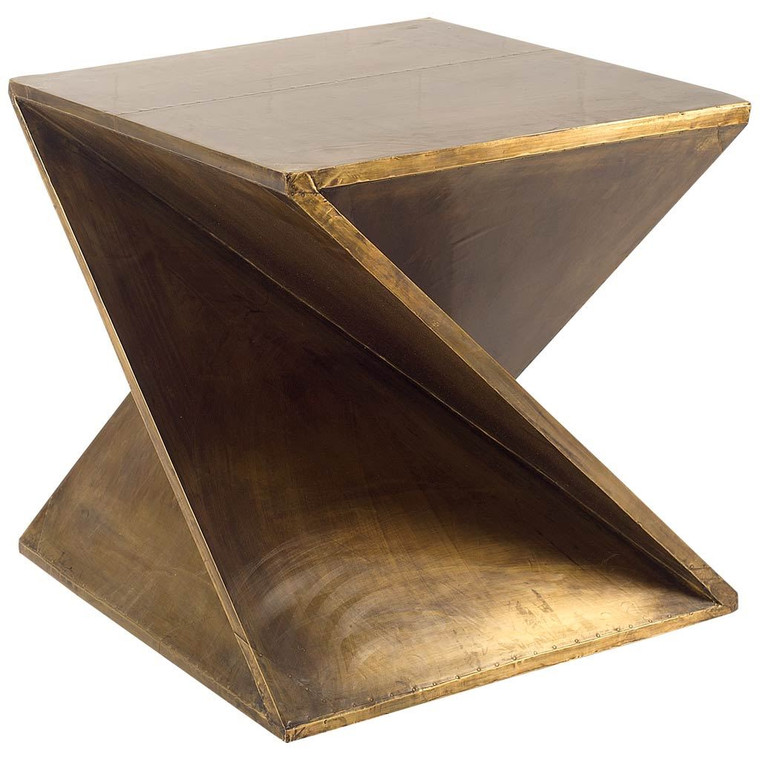 Homeroots Z-Shaped Brass-Clad Wooden Accent Table 380687
