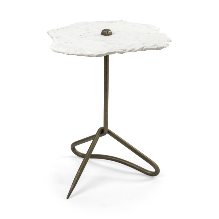 Homeroots White Marble Top Accent Table With Triangluar Gold Iron Base 380693