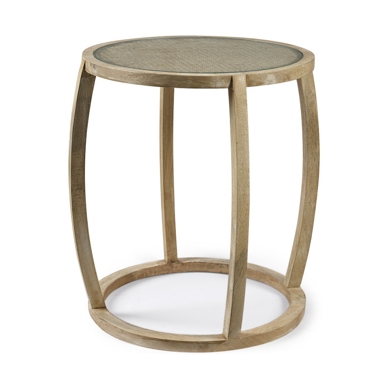 Homeroots Light Brown Wood Round Top Accent Table With Glass 380711