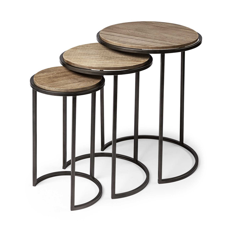 Homeroots Set Of 3 - Brown Wood Round Top Accent Tables With Iron Nesting 380715