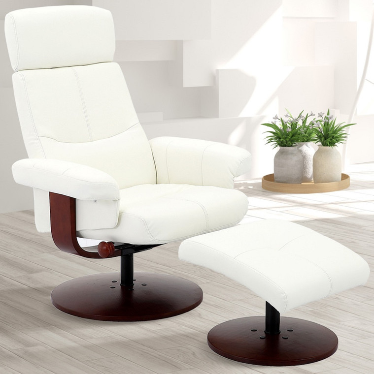 Homeroots White Faux Leather Swivel Adjustable Recliner And Ottoman Set 380728